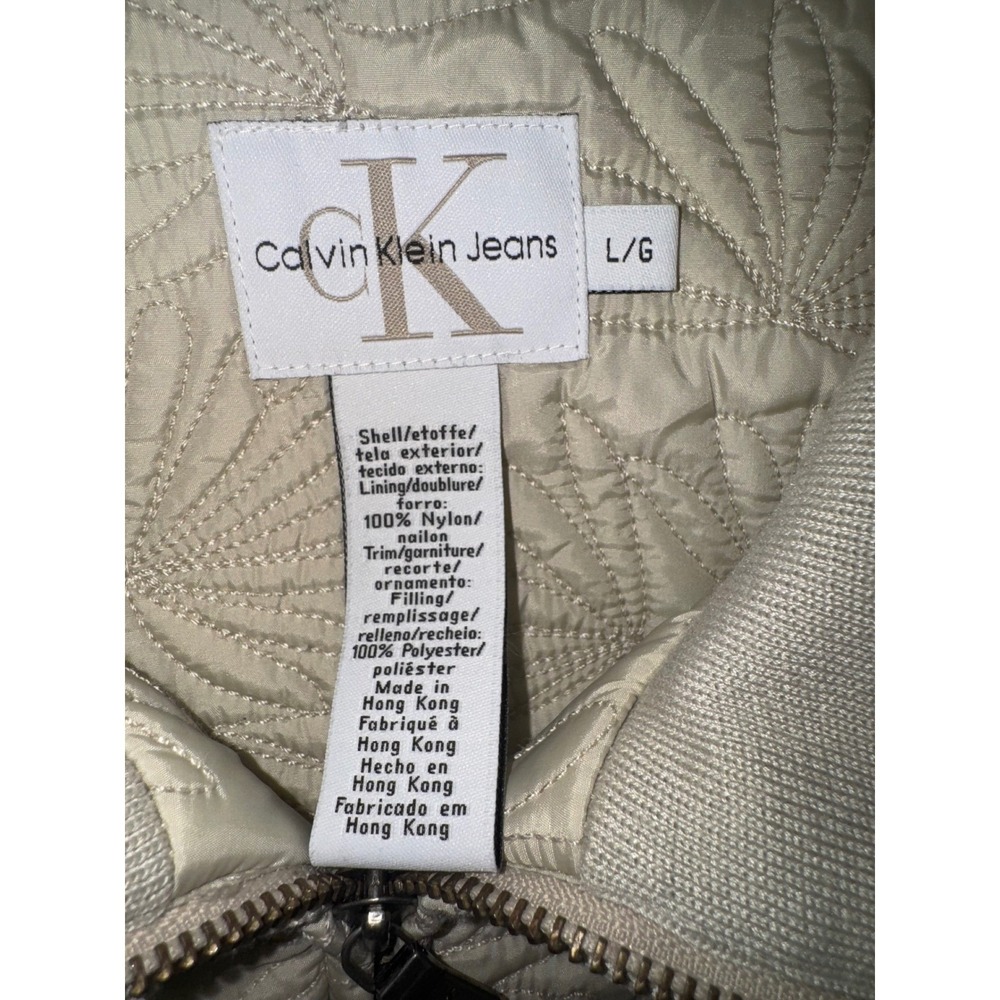 Calvin Klein Jeans Quilted Bomber Jacket Women Large Beige Floral Zip Up Size L - Picture 7 of 8